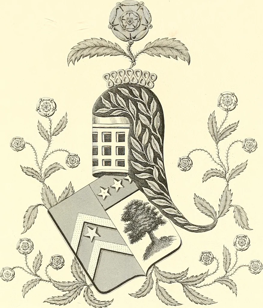 An illustration from Armorial of Jersey : being an account, heraldic and antiquarian, of its chief native families, with pedigrees, biographical notices, and illustrative data; to which are added, a brief history of heraldry, and remarks on the mediæval antiquities of the island, 1859, leaf 278