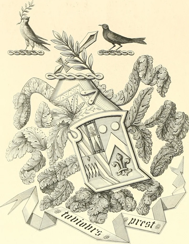 An illustration from Armorial of Jersey : being an account, heraldic and antiquarian, of its chief native families, with pedigrees, biographical notices, and illustrative data; to which are added, a brief history of heraldry, and remarks on the mediæval antiquities of the island, 1859, leaf 283