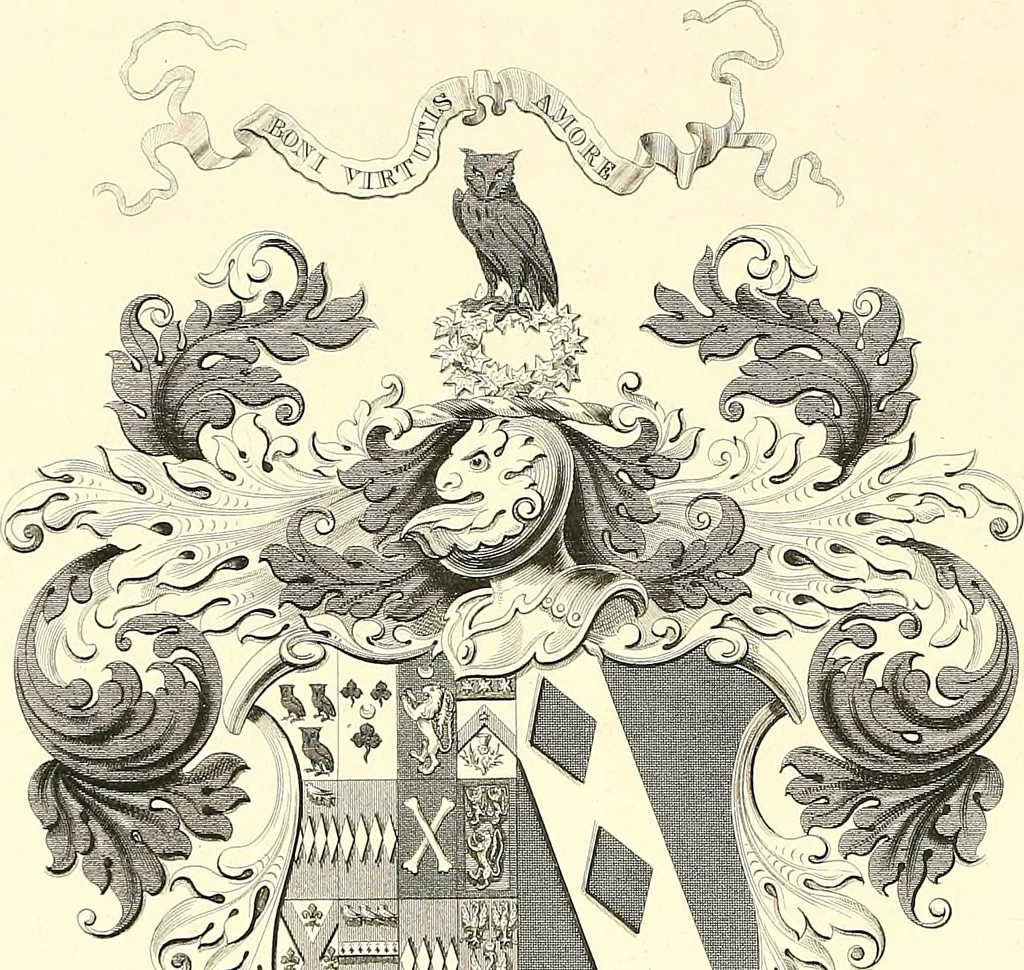 An illustration from Armorial of Jersey : being an account, heraldic and antiquarian, of its chief native families, with pedigrees, biographical notices, and illustrative data; to which are added, a brief history of heraldry, and remarks on the mediæval antiquities of the island, 1859, leaf 287