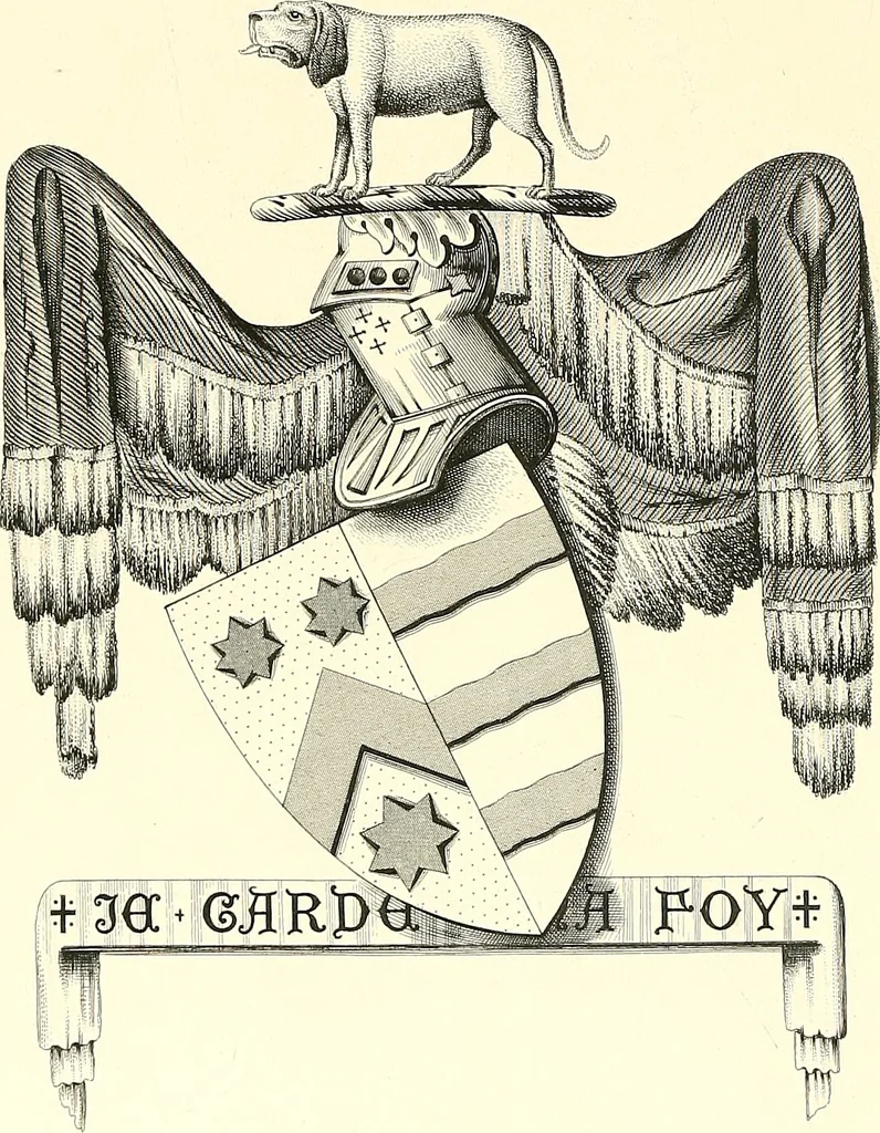 An illustration from Armorial of Jersey : being an account, heraldic and antiquarian, of its chief native families, with pedigrees, biographical notices, and illustrative data; to which are added, a brief history of heraldry, and remarks on the mediæval antiquities of the island, 1859, leaf 295