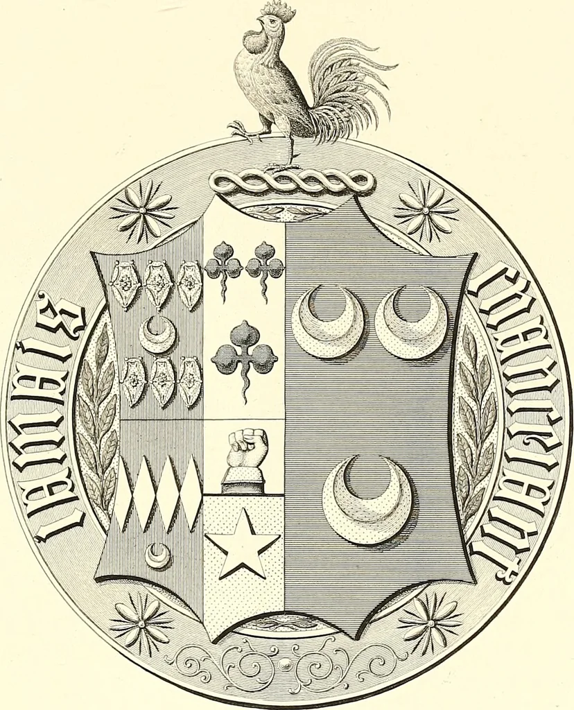 An illustration from Armorial of Jersey : being an account, heraldic and antiquarian, of its chief native families, with pedigrees, biographical notices, and illustrative data; to which are added, a brief history of heraldry, and remarks on the mediæval antiquities of the island, 1859, leaf 302