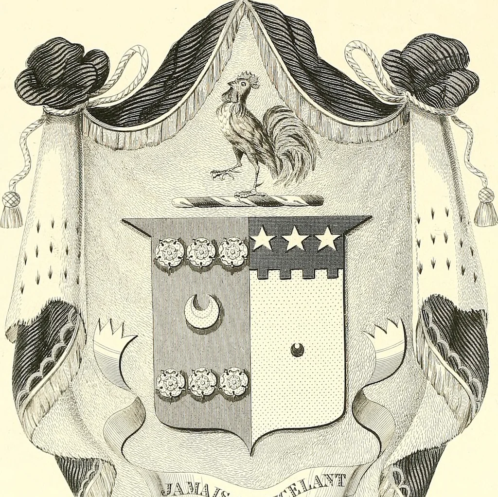 An illustration from Armorial of Jersey : being an account, heraldic and antiquarian, of its chief native families, with pedigrees, biographical notices, and illustrative data; to which are added, a brief history of heraldry, and remarks on the mediæval antiquities of the island, 1859, leaf 305