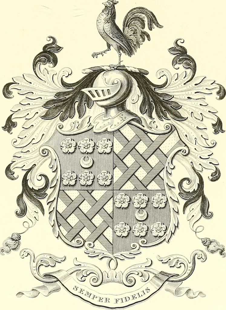 An illustration from Armorial of Jersey : being an account, heraldic and antiquarian, of its chief native families, with pedigrees, biographical notices, and illustrative data; to which are added, a brief history of heraldry, and remarks on the mediæval antiquities of the island, 1859, leaf 308