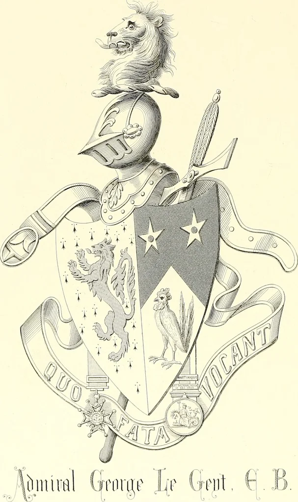 An illustration from Armorial of Jersey : being an account, heraldic and antiquarian, of its chief native families, with pedigrees, biographical notices, and illustrative data; to which are added, a brief history of heraldry, and remarks on the mediæval antiquities of the island, 1859, leaf 311