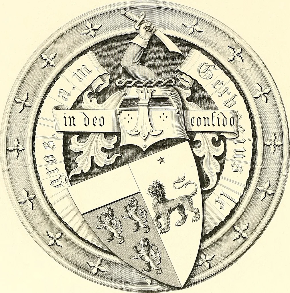 An illustration from Armorial of Jersey : being an account, heraldic and antiquarian, of its chief native families, with pedigrees, biographical notices, and illustrative data; to which are added, a brief history of heraldry, and remarks on the mediæval antiquities of the island, 1859, leaf 315