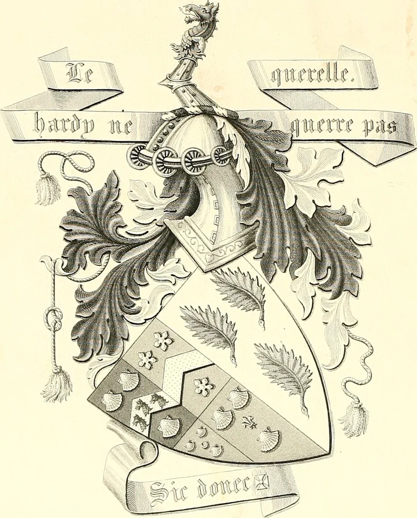 An illustration from Armorial of Jersey : being an account, heraldic and antiquarian, of its chief native families, with pedigrees, biographical notices, and illustrative data; to which are added, a brief history of heraldry, and remarks on the mediæval antiquities of the island, 1859, leaf 319