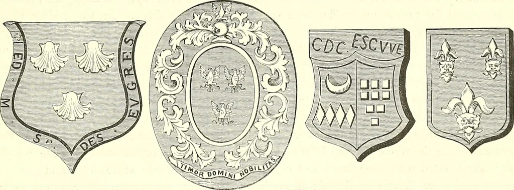 An illustration from Armorial of Jersey : being an account, heraldic and antiquarian, of its chief native families, with pedigrees, biographical notices, and illustrative data; to which are added, a brief history of heraldry, and remarks on the mediæval antiquities of the island, 1859, leaf 32