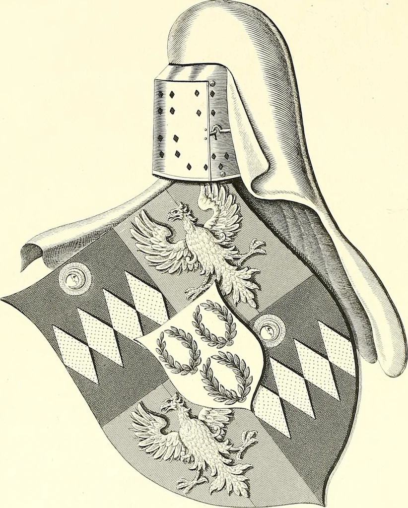 An illustration from Armorial of Jersey : being an account, heraldic and antiquarian, of its chief native families, with pedigrees, biographical notices, and illustrative data; to which are added, a brief history of heraldry, and remarks on the mediæval antiquities of the island, 1859, leaf 335