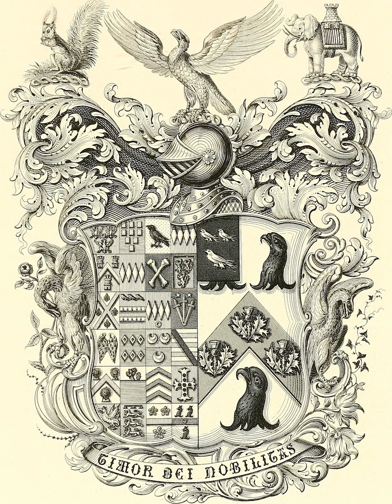 An illustration from Armorial of Jersey : being an account, heraldic and antiquarian, of its chief native families, with pedigrees, biographical notices, and illustrative data; to which are added, a brief history of heraldry, and remarks on the mediæval antiquities of the island, 1859, leaf 340