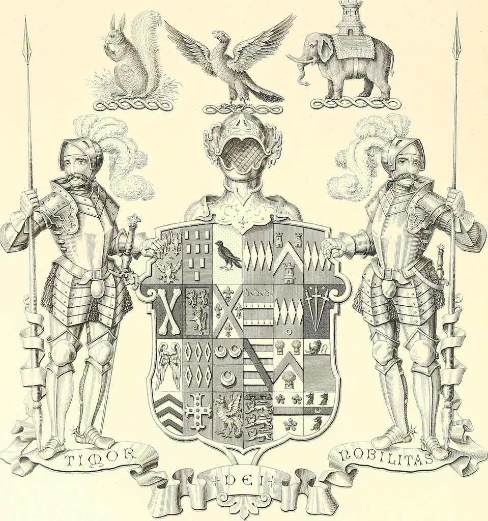 An illustration from Armorial of Jersey : being an account, heraldic and antiquarian, of its chief native families, with pedigrees, biographical notices, and illustrative data; to which are added, a brief history of heraldry, and remarks on the mediæval antiquities of the island, 1859, leaf 345