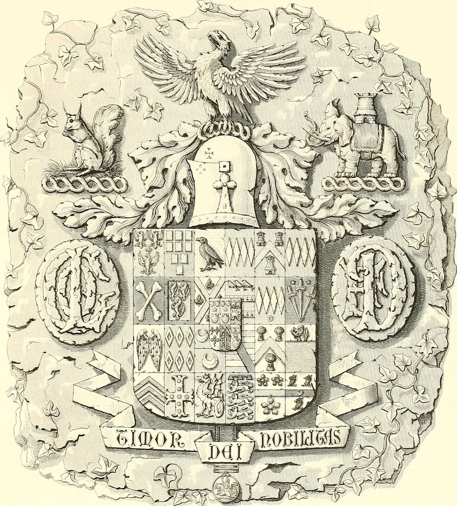 An illustration from Armorial of Jersey : being an account, heraldic and antiquarian, of its chief native families, with pedigrees, biographical notices, and illustrative data; to which are added, a brief history of heraldry, and remarks on the mediæval antiquities of the island, 1859, leaf 354