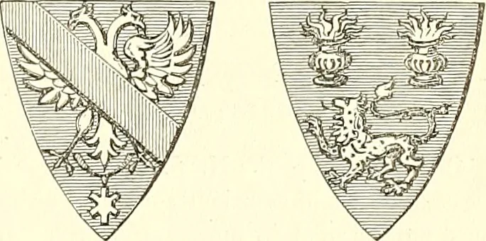 An illustration from Armorial of Jersey : being an account, heraldic and antiquarian, of its chief native families, with pedigrees, biographical notices, and illustrative data; to which are added, a brief history of heraldry, and remarks on the mediæval antiquities of the island, 1859, leaf 358