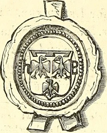 An illustration from Armorial of Jersey : being an account, heraldic and antiquarian, of its chief native families, with pedigrees, biographical notices, and illustrative data; to which are added, a brief history of heraldry, and remarks on the mediæval antiquities of the island, 1859, leaf 359