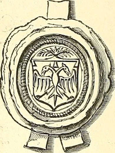 An illustration from Armorial of Jersey : being an account, heraldic and antiquarian, of its chief native families, with pedigrees, biographical notices, and illustrative data; to which are added, a brief history of heraldry, and remarks on the mediæval antiquities of the island, 1859, leaf 359