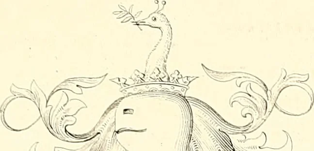 An illustration from Armorial of Jersey : being an account, heraldic and antiquarian, of its chief native families, with pedigrees, biographical notices, and illustrative data; to which are added, a brief history of heraldry, and remarks on the mediæval antiquities of the island, 1859, leaf 36