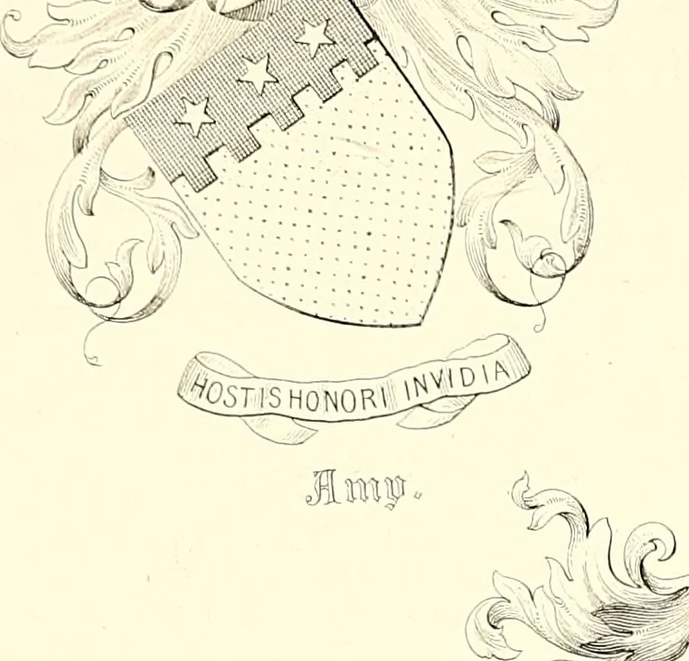 An illustration from Armorial of Jersey : being an account, heraldic and antiquarian, of its chief native families, with pedigrees, biographical notices, and illustrative data; to which are added, a brief history of heraldry, and remarks on the mediæval antiquities of the island, 1859, leaf 36