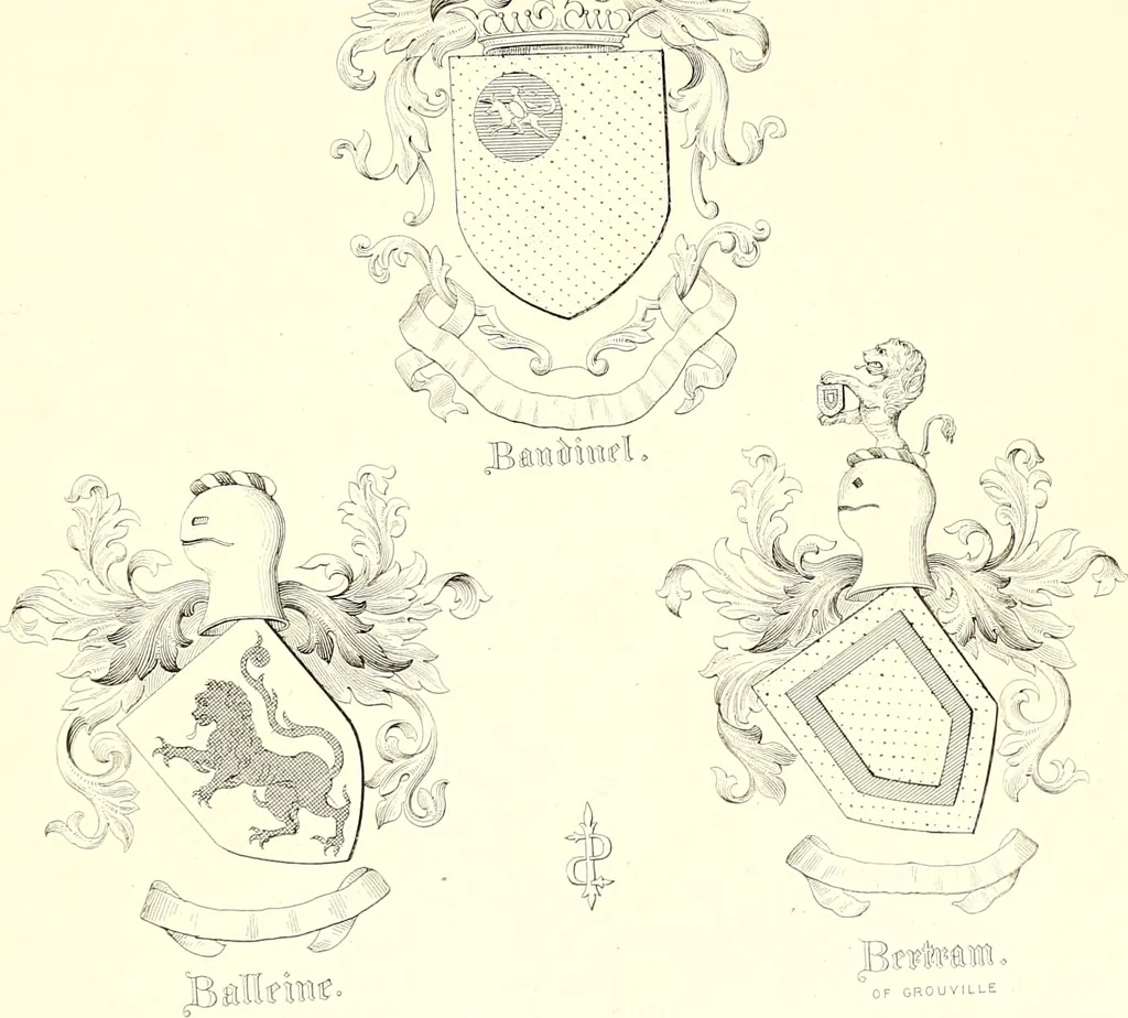 An illustration from Armorial of Jersey : being an account, heraldic and antiquarian, of its chief native families, with pedigrees, biographical notices, and illustrative data; to which are added, a brief history of heraldry, and remarks on the mediæval antiquities of the island, 1859, leaf 36