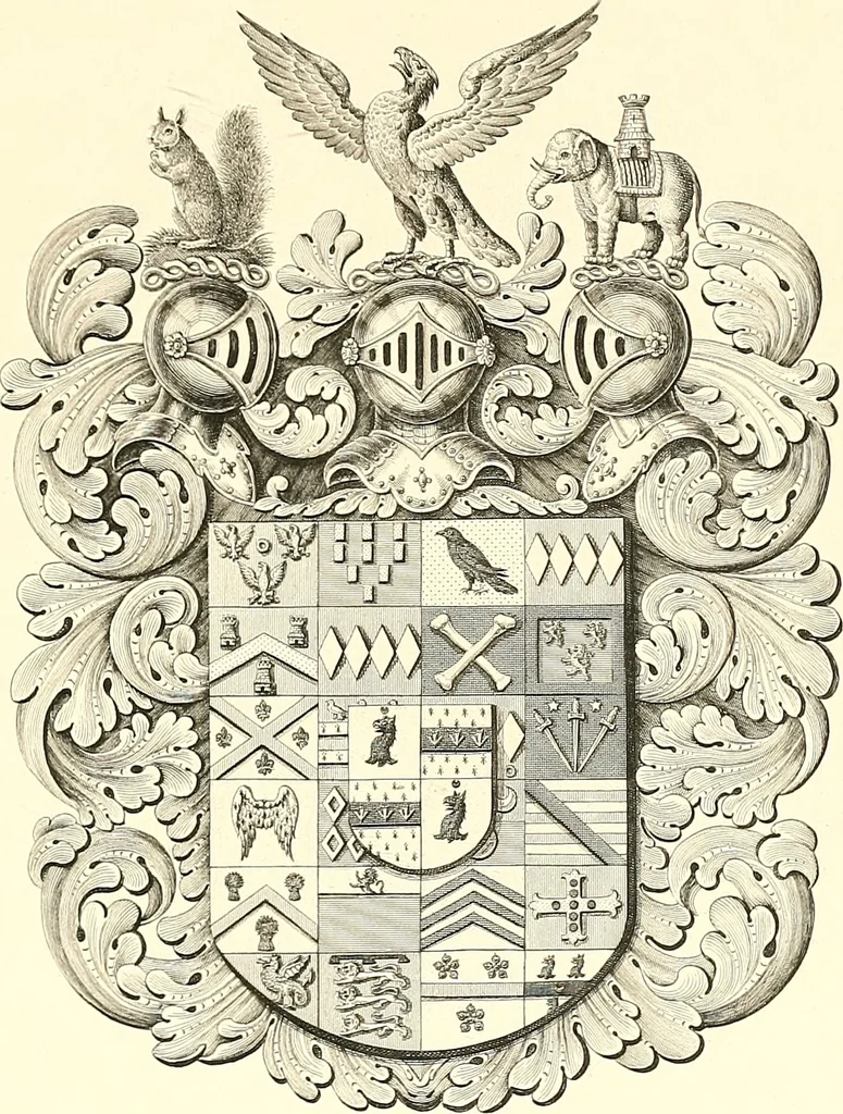 An illustration from Armorial of Jersey : being an account, heraldic and antiquarian, of its chief native families, with pedigrees, biographical notices, and illustrative data; to which are added, a brief history of heraldry, and remarks on the mediæval antiquities of the island, 1859, leaf 360