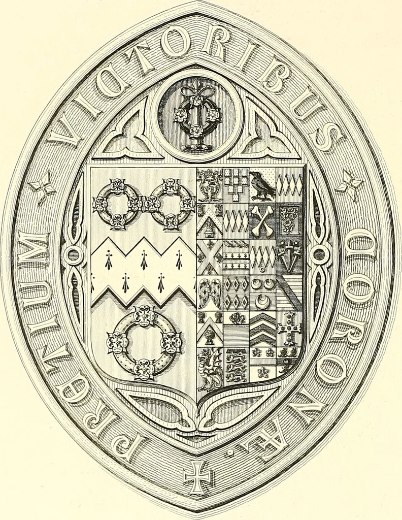An illustration from Armorial of Jersey : being an account, heraldic and antiquarian, of its chief native families, with pedigrees, biographical notices, and illustrative data; to which are added, a brief history of heraldry, and remarks on the mediæval antiquities of the island, 1859, leaf 363