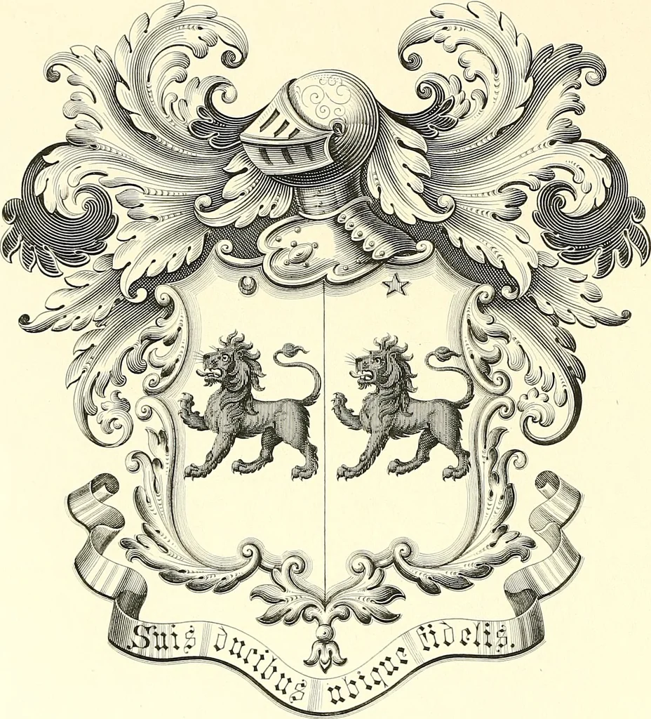 An illustration from Armorial of Jersey : being an account, heraldic and antiquarian, of its chief native families, with pedigrees, biographical notices, and illustrative data; to which are added, a brief history of heraldry, and remarks on the mediæval antiquities of the island, 1859, leaf 371