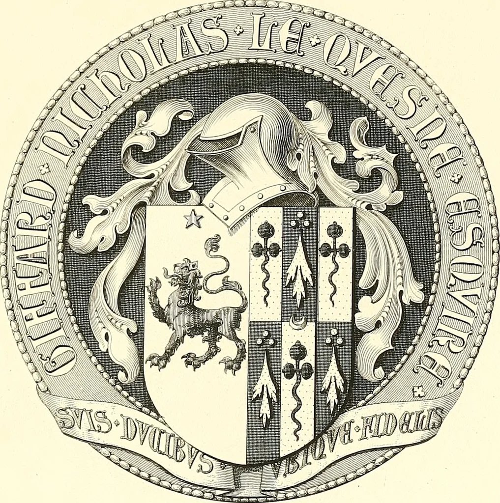 An illustration from Armorial of Jersey : being an account, heraldic and antiquarian, of its chief native families, with pedigrees, biographical notices, and illustrative data; to which are added, a brief history of heraldry, and remarks on the mediæval antiquities of the island, 1859, leaf 374
