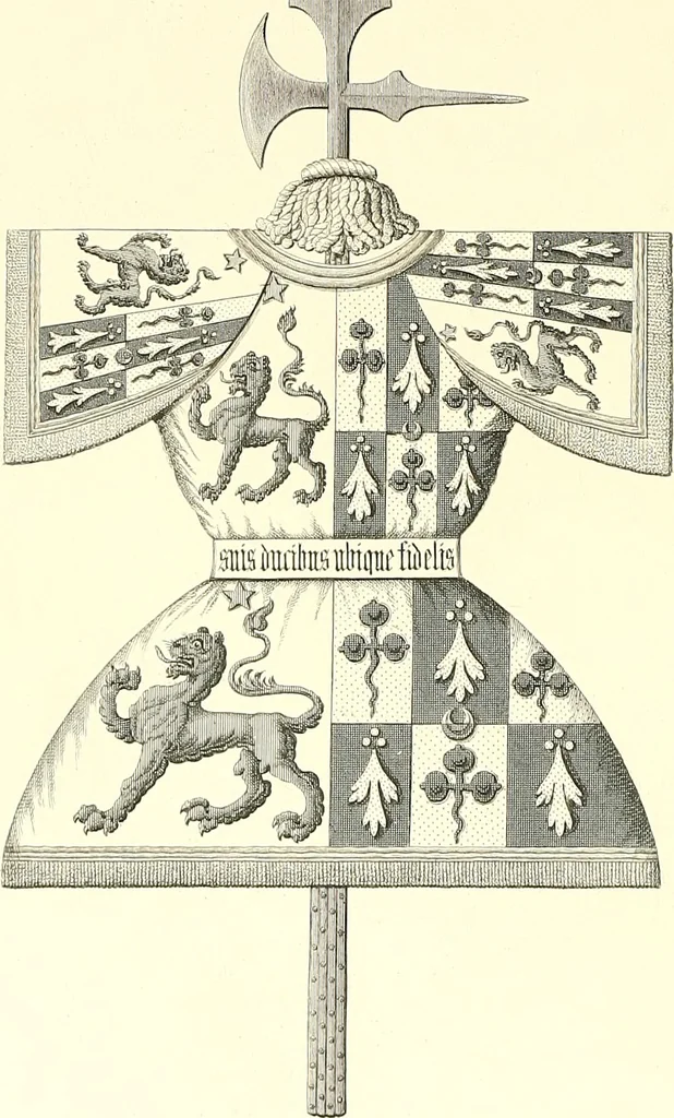 An illustration from Armorial of Jersey : being an account, heraldic and antiquarian, of its chief native families, with pedigrees, biographical notices, and illustrative data; to which are added, a brief history of heraldry, and remarks on the mediæval antiquities of the island, 1859, leaf 377