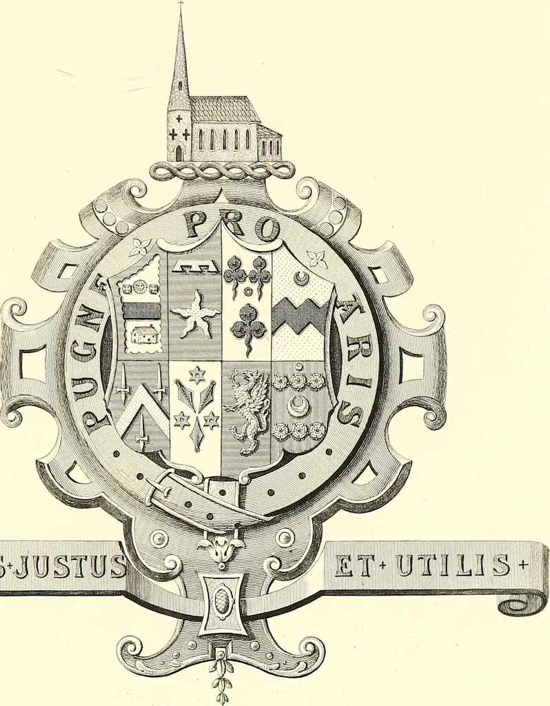An illustration from Armorial of Jersey : being an account, heraldic and antiquarian, of its chief native families, with pedigrees, biographical notices, and illustrative data; to which are added, a brief history of heraldry, and remarks on the mediæval antiquities of the island, 1859, leaf 380