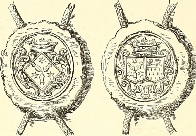 An illustration from Armorial of Jersey : being an account, heraldic and antiquarian, of its chief native families, with pedigrees, biographical notices, and illustrative data; to which are added, a brief history of heraldry, and remarks on the mediæval antiquities of the island, 1859, leaf 382