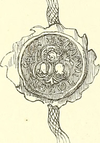 An illustration from Armorial of Jersey : being an account, heraldic and antiquarian, of its chief native families, with pedigrees, biographical notices, and illustrative data; to which are added, a brief history of heraldry, and remarks on the mediæval antiquities of the island, 1859, leaf 382