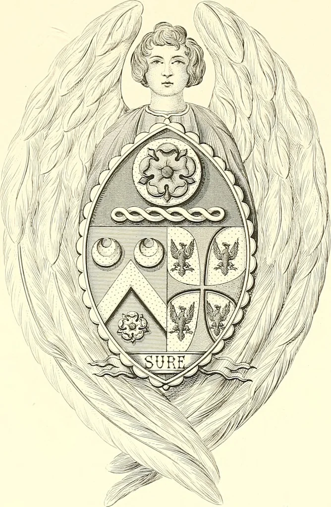 An illustration from Armorial of Jersey : being an account, heraldic and antiquarian, of its chief native families, with pedigrees, biographical notices, and illustrative data; to which are added, a brief history of heraldry, and remarks on the mediæval antiquities of the island, 1859, leaf 384
