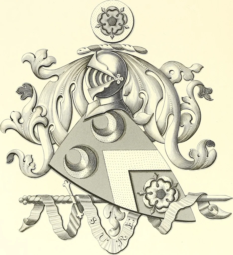 An illustration from Armorial of Jersey : being an account, heraldic and antiquarian, of its chief native families, with pedigrees, biographical notices, and illustrative data; to which are added, a brief history of heraldry, and remarks on the mediæval antiquities of the island, 1859, leaf 387