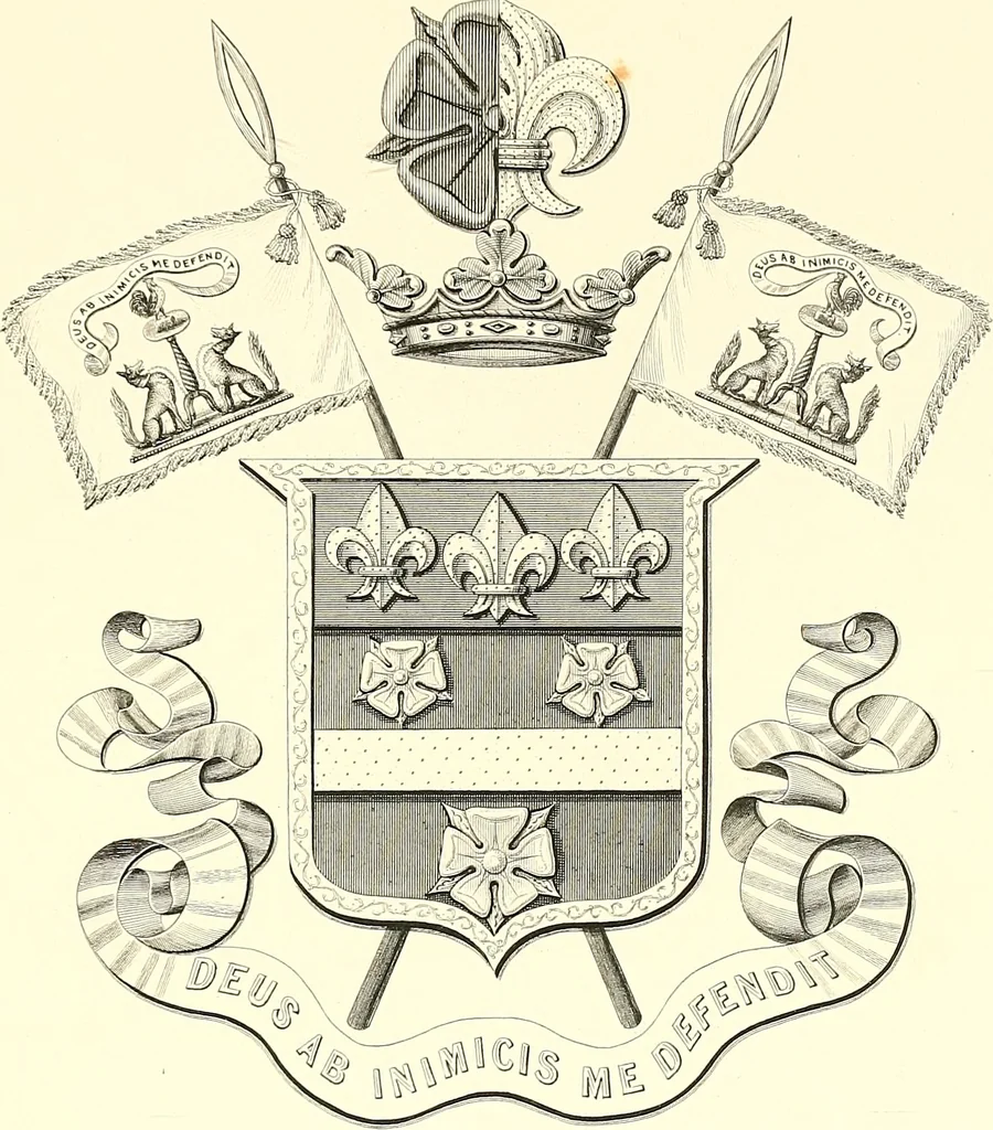 An illustration from Armorial of Jersey : being an account, heraldic and antiquarian, of its chief native families, with pedigrees, biographical notices, and illustrative data; to which are added, a brief history of heraldry, and remarks on the mediæval antiquities of the island, 1859, leaf 390