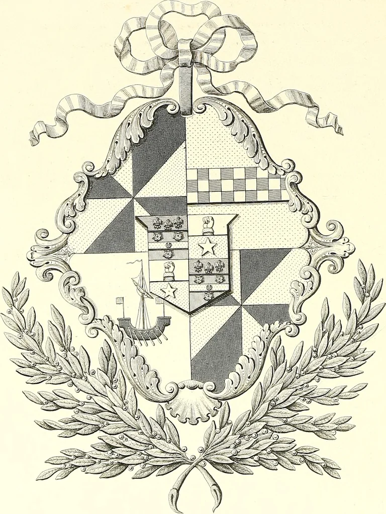 An illustration from Armorial of Jersey : being an account, heraldic and antiquarian, of its chief native families, with pedigrees, biographical notices, and illustrative data; to which are added, a brief history of heraldry, and remarks on the mediæval antiquities of the island, 1859, leaf 393