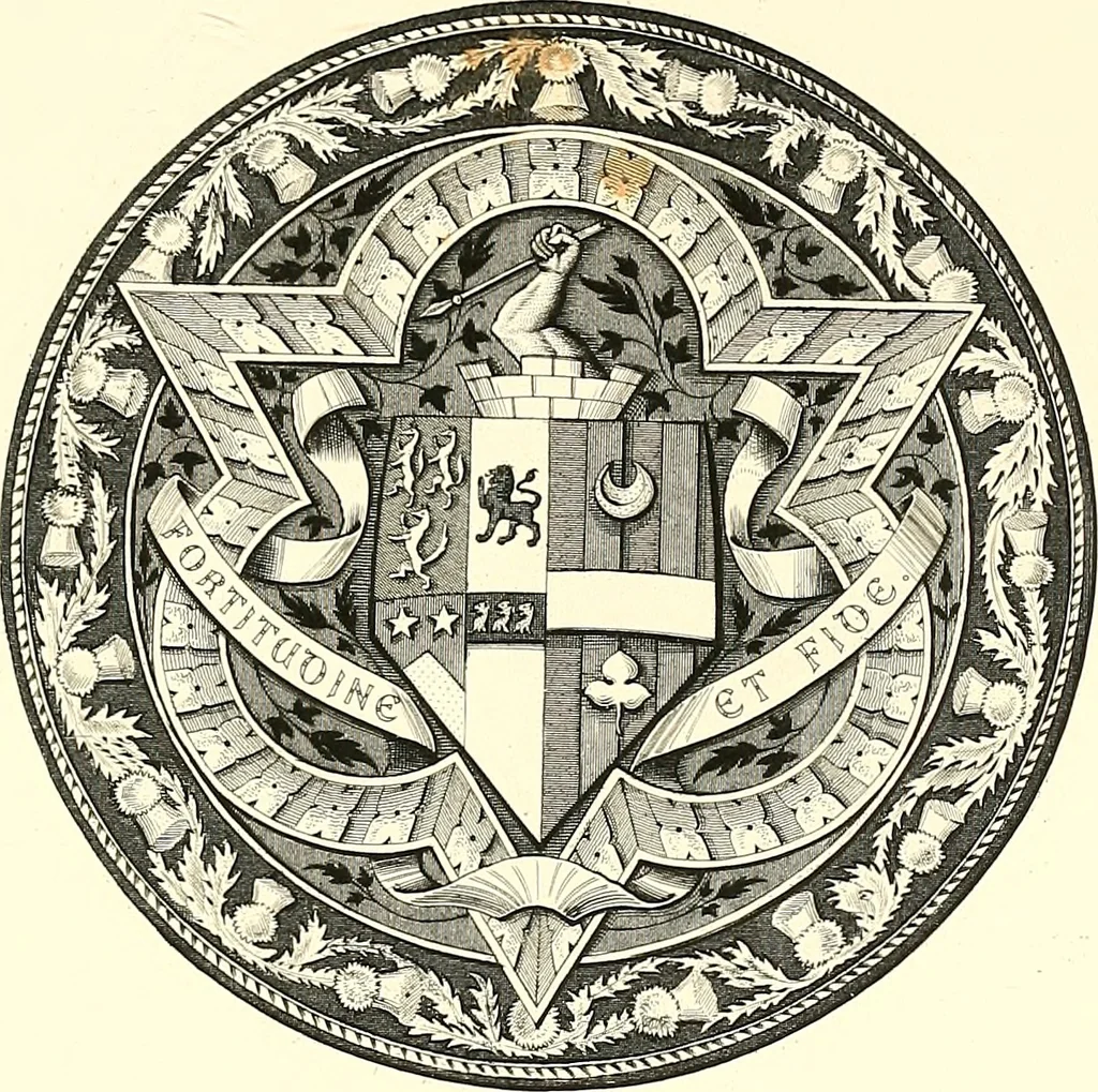 An illustration from Armorial of Jersey : being an account, heraldic and antiquarian, of its chief native families, with pedigrees, biographical notices, and illustrative data; to which are added, a brief history of heraldry, and remarks on the mediæval antiquities of the island, 1859, leaf 396