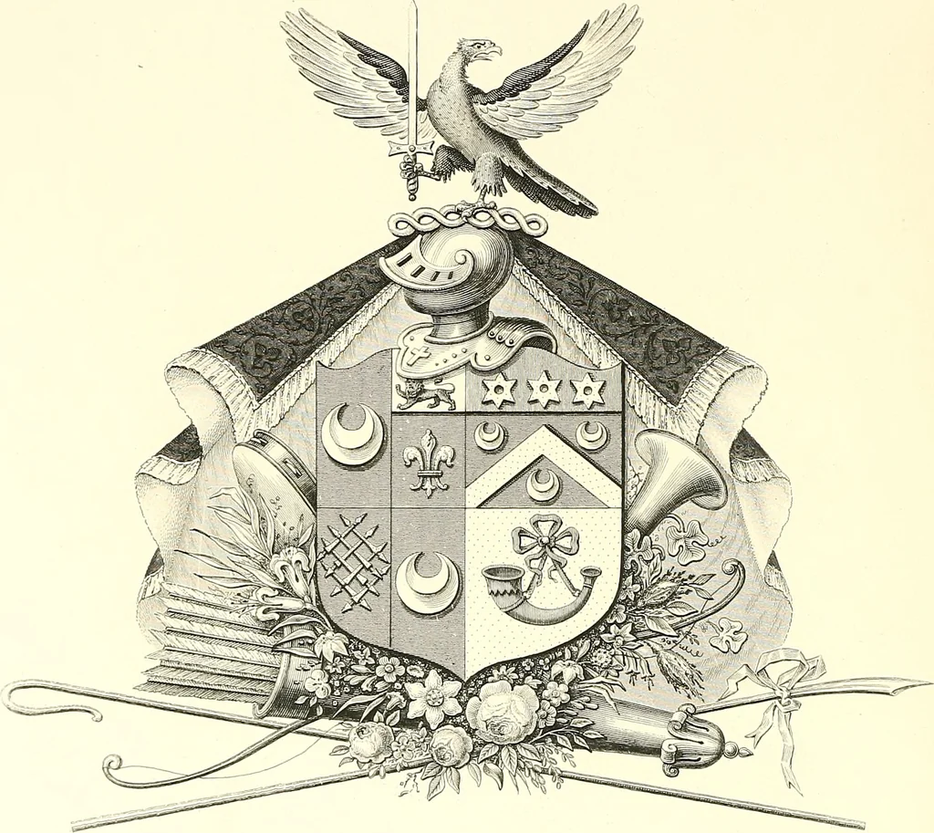 An illustration from Armorial of Jersey : being an account, heraldic and antiquarian, of its chief native families, with pedigrees, biographical notices, and illustrative data; to which are added, a brief history of heraldry, and remarks on the mediæval antiquities of the island, 1859, leaf 399