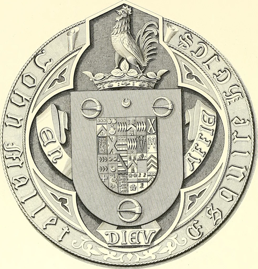 An illustration from Armorial of Jersey : being an account, heraldic and antiquarian, of its chief native families, with pedigrees, biographical notices, and illustrative data; to which are added, a brief history of heraldry, and remarks on the mediæval antiquities of the island, 1859, leaf 403