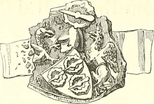 An illustration from Armorial of Jersey : being an account, heraldic and antiquarian, of its chief native families, with pedigrees, biographical notices, and illustrative data; to which are added, a brief history of heraldry, and remarks on the mediæval antiquities of the island, 1859, leaf 411