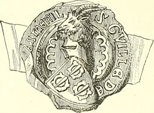 An illustration from Armorial of Jersey : being an account, heraldic and antiquarian, of its chief native families, with pedigrees, biographical notices, and illustrative data; to which are added, a brief history of heraldry, and remarks on the mediæval antiquities of the island, 1859, leaf 411