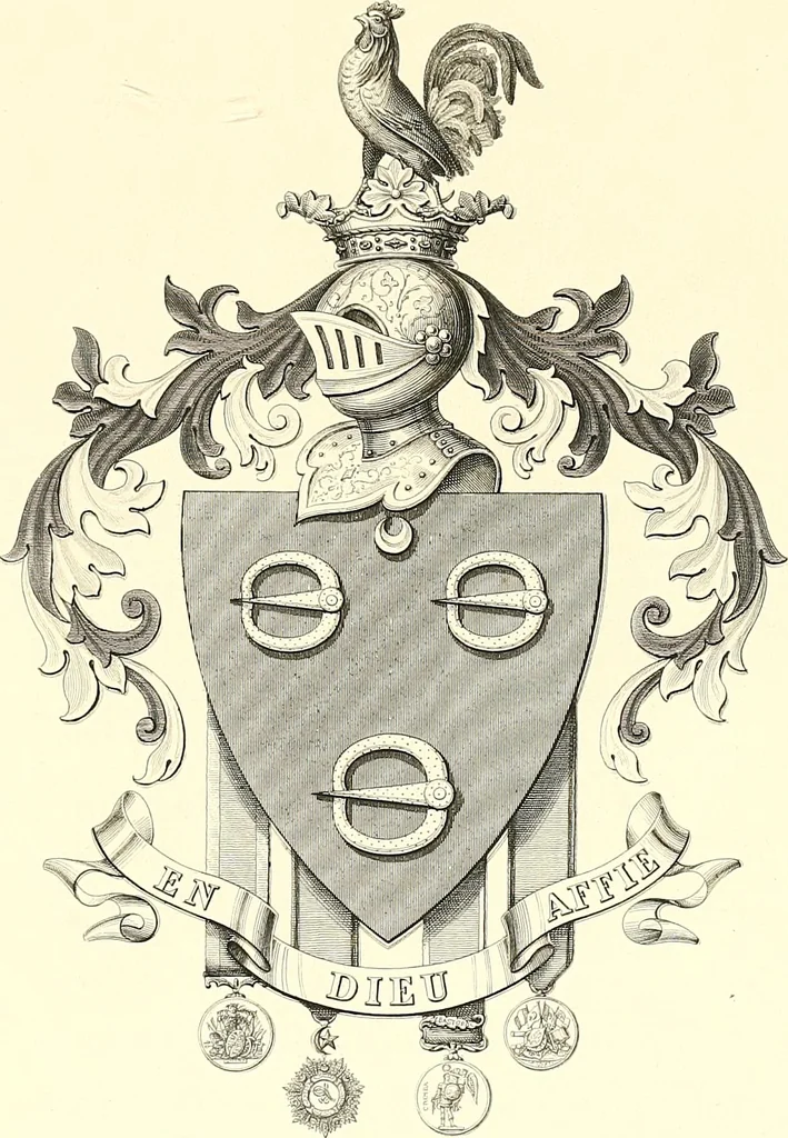 An illustration from Armorial of Jersey : being an account, heraldic and antiquarian, of its chief native families, with pedigrees, biographical notices, and illustrative data; to which are added, a brief history of heraldry, and remarks on the mediæval antiquities of the island, 1859, leaf 412