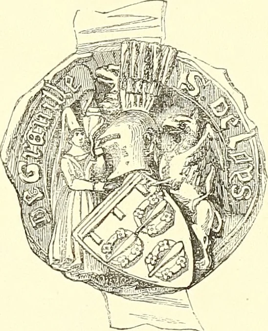 An illustration from Armorial of Jersey : being an account, heraldic and antiquarian, of its chief native families, with pedigrees, biographical notices, and illustrative data; to which are added, a brief history of heraldry, and remarks on the mediæval antiquities of the island, 1859, leaf 414
