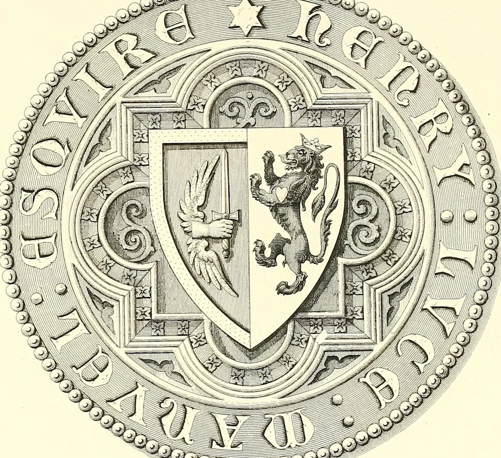 An illustration from Armorial of Jersey : being an account, heraldic and antiquarian, of its chief native families, with pedigrees, biographical notices, and illustrative data; to which are added, a brief history of heraldry, and remarks on the mediæval antiquities of the island, 1859, leaf 418
