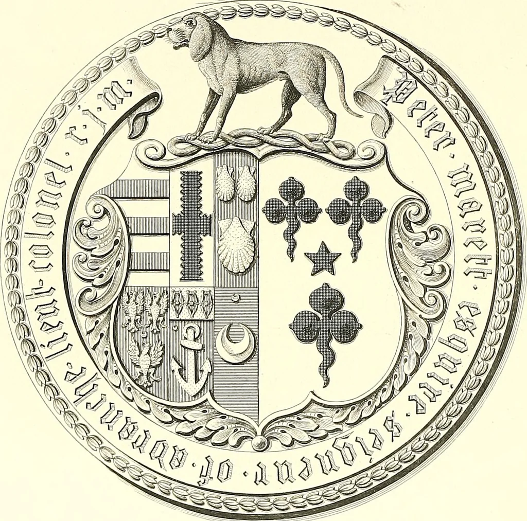An illustration from Armorial of Jersey : being an account, heraldic and antiquarian, of its chief native families, with pedigrees, biographical notices, and illustrative data; to which are added, a brief history of heraldry, and remarks on the mediæval antiquities of the island, 1859, leaf 421