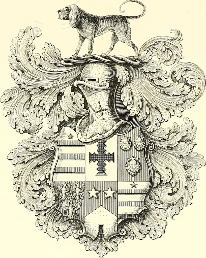 An illustration from Armorial of Jersey : being an account, heraldic and antiquarian, of its chief native families, with pedigrees, biographical notices, and illustrative data; to which are added, a brief history of heraldry, and remarks on the mediæval antiquities of the island, 1859, leaf 424