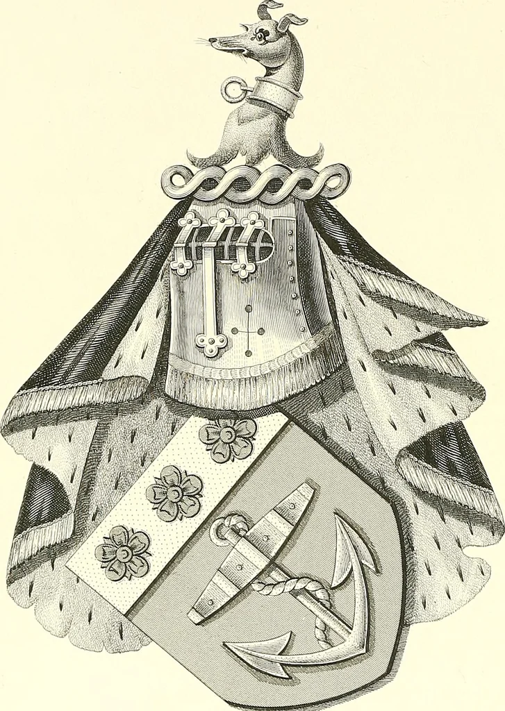 An illustration from Armorial of Jersey : being an account, heraldic and antiquarian, of its chief native families, with pedigrees, biographical notices, and illustrative data; to which are added, a brief history of heraldry, and remarks on the mediæval antiquities of the island, 1859, leaf 431