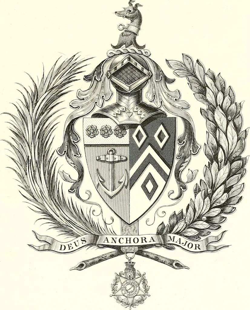 An illustration from Armorial of Jersey : being an account, heraldic and antiquarian, of its chief native families, with pedigrees, biographical notices, and illustrative data; to which are added, a brief history of heraldry, and remarks on the mediæval antiquities of the island, 1859, leaf 434
