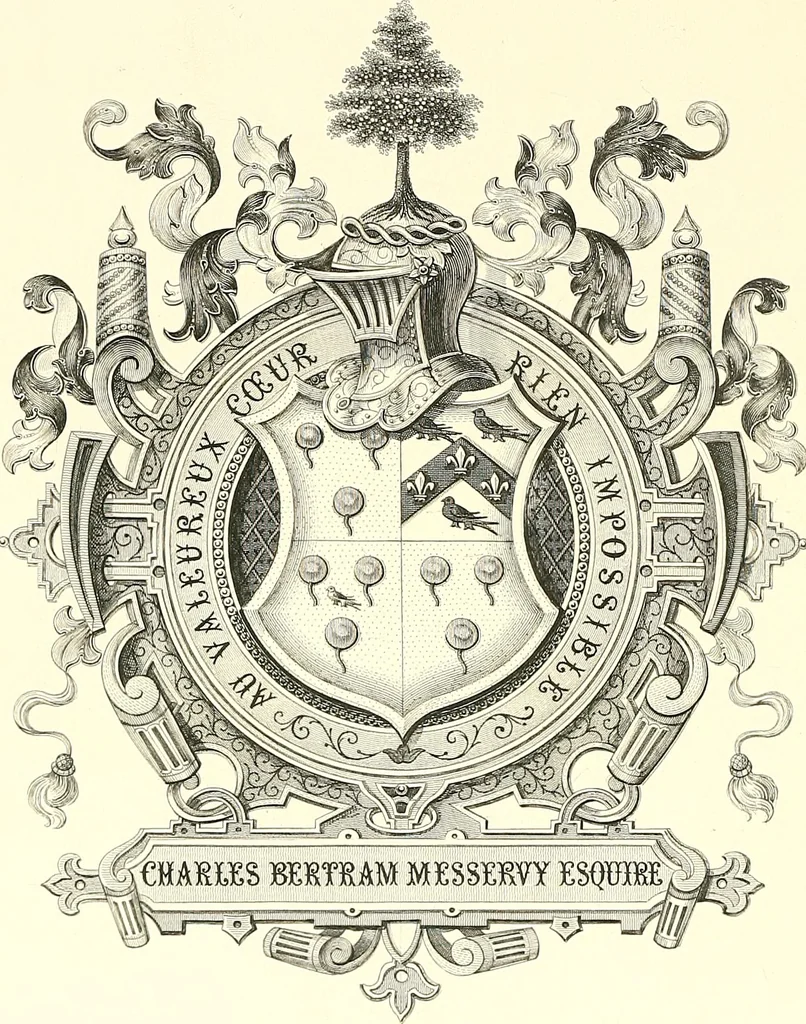 An illustration from Armorial of Jersey : being an account, heraldic and antiquarian, of its chief native families, with pedigrees, biographical notices, and illustrative data; to which are added, a brief history of heraldry, and remarks on the mediæval antiquities of the island, 1859, leaf 439