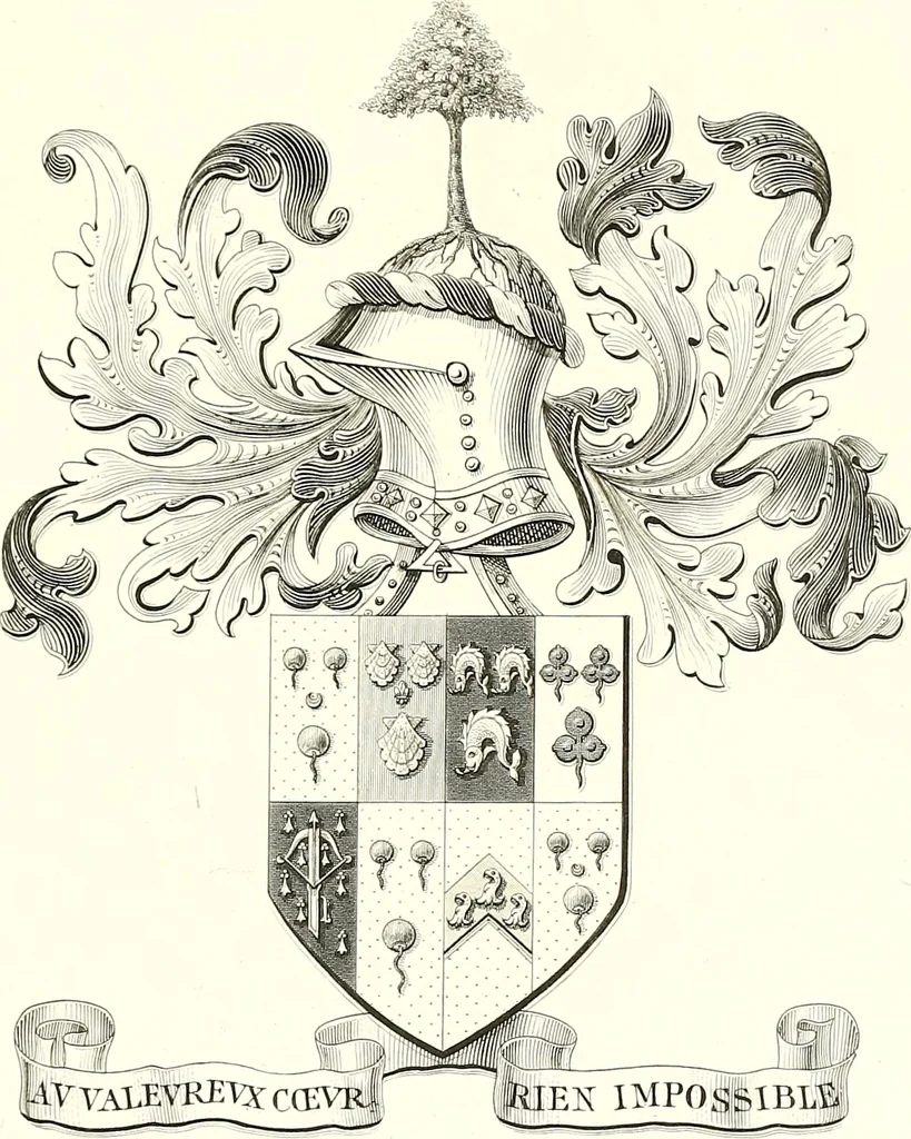 An illustration from Armorial of Jersey : being an account, heraldic and antiquarian, of its chief native families, with pedigrees, biographical notices, and illustrative data; to which are added, a brief history of heraldry, and remarks on the mediæval antiquities of the island, 1859, leaf 442