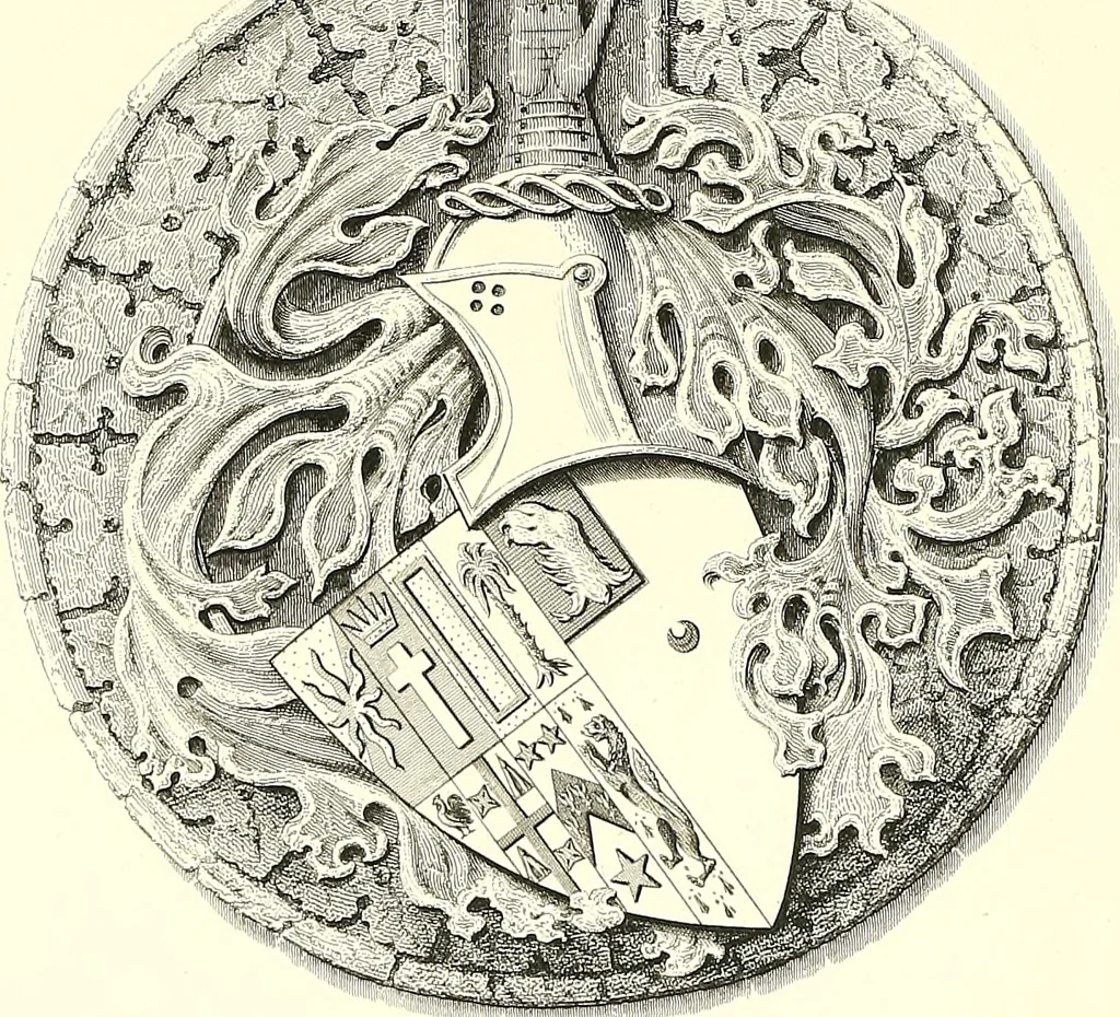 An illustration from Armorial of Jersey : being an account, heraldic and antiquarian, of its chief native families, with pedigrees, biographical notices, and illustrative data; to which are added, a brief history of heraldry, and remarks on the mediæval antiquities of the island, 1859, leaf 447