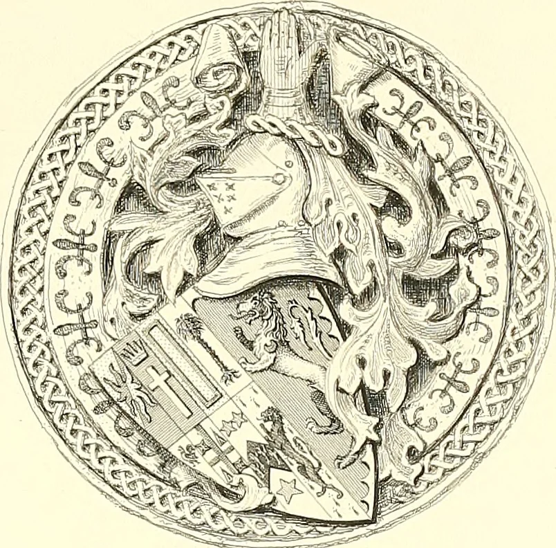 An illustration from Armorial of Jersey : being an account, heraldic and antiquarian, of its chief native families, with pedigrees, biographical notices, and illustrative data; to which are added, a brief history of heraldry, and remarks on the mediæval antiquities of the island, 1859, leaf 450