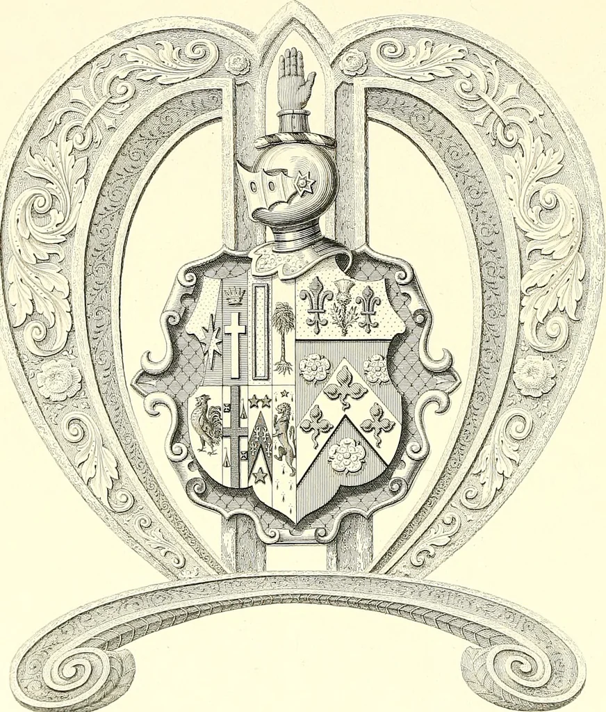 An illustration from Armorial of Jersey : being an account, heraldic and antiquarian, of its chief native families, with pedigrees, biographical notices, and illustrative data; to which are added, a brief history of heraldry, and remarks on the mediæval antiquities of the island, 1859, leaf 453